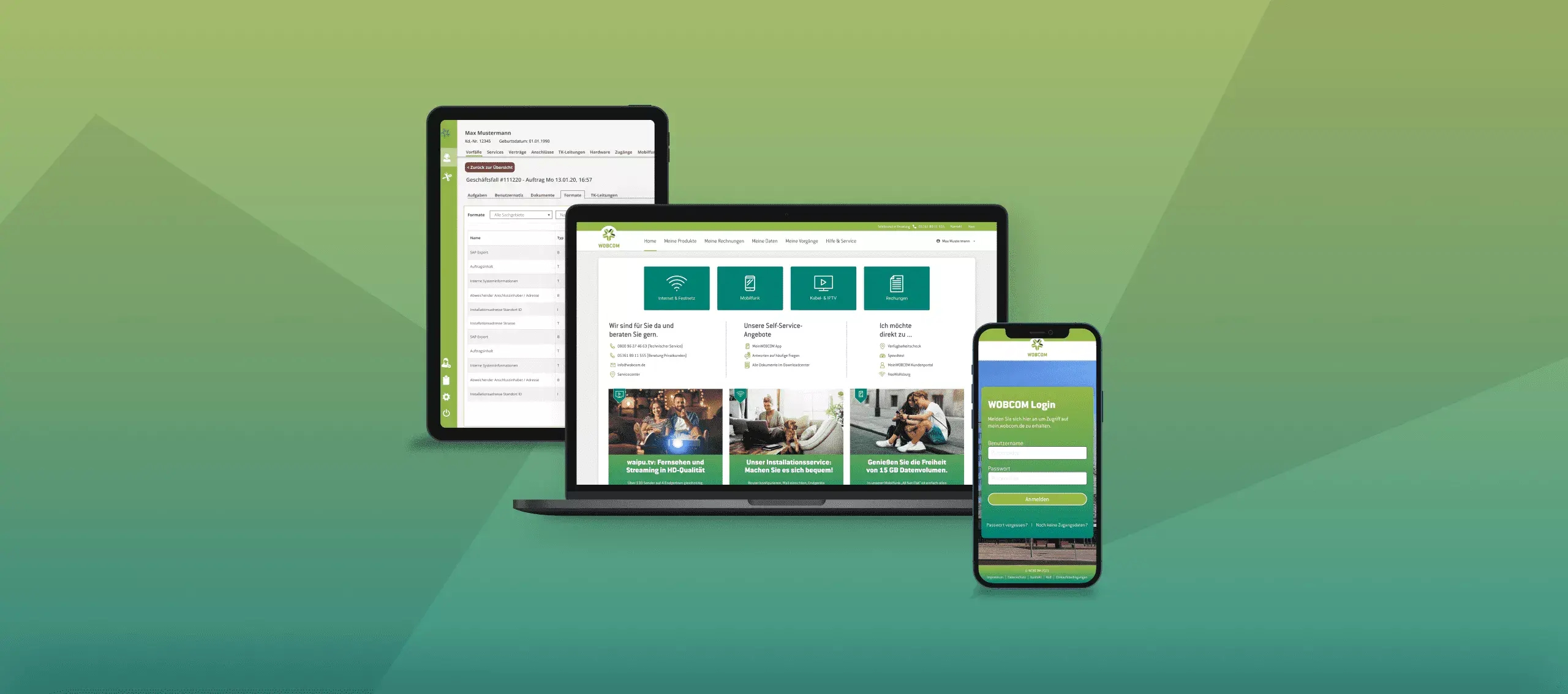 WOBCOM Kundenportal auf Tablet, Laptop und Smartphone