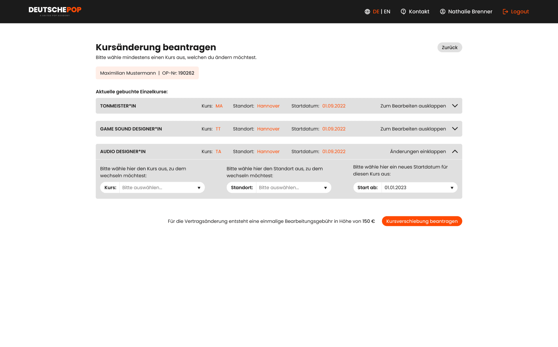 Kursänderung beantragen