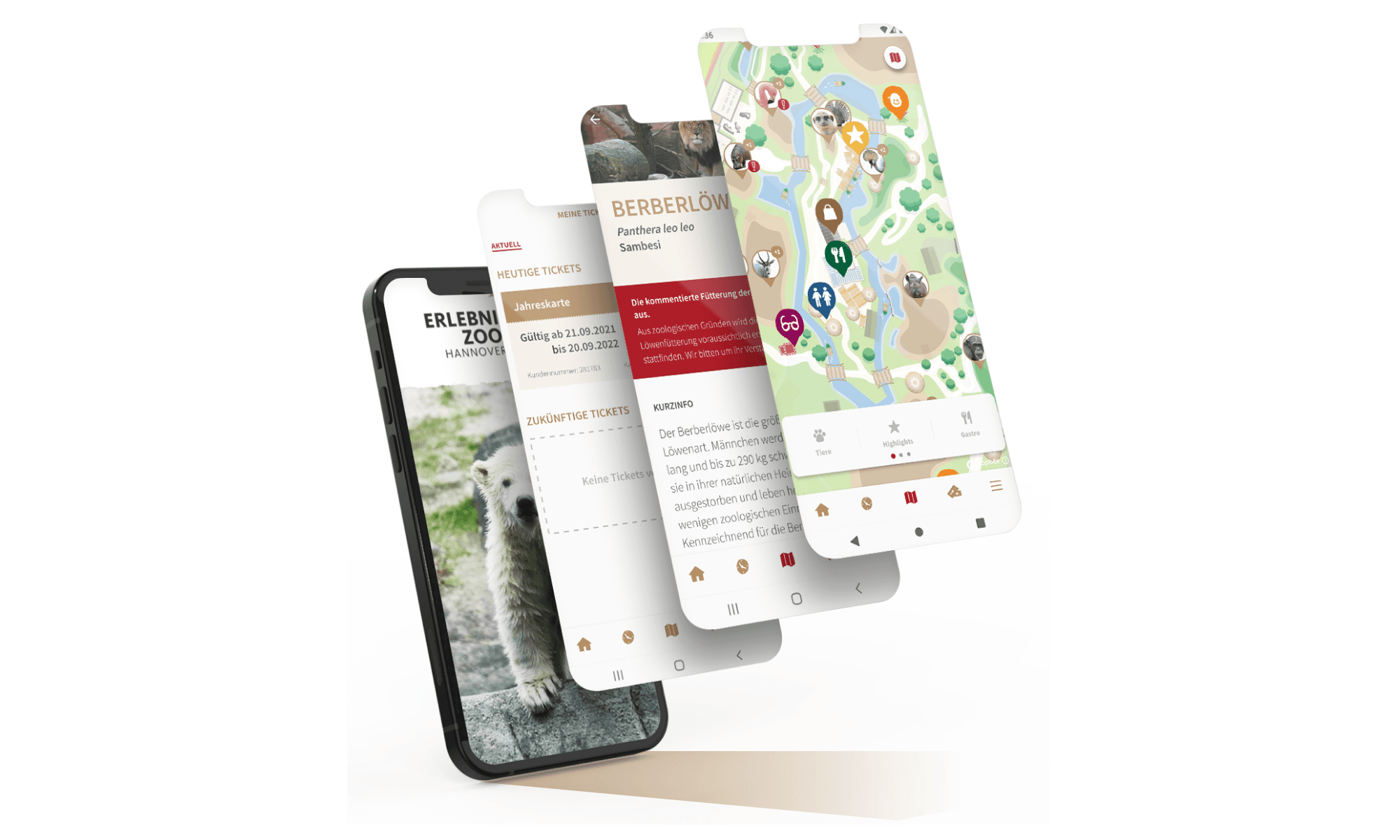 Ansichten der Zoo-App, übereinander geschichtet