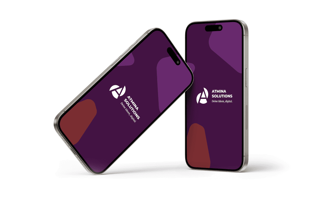 Zwei Smartphones zeigen eine App im ATMINA-Design