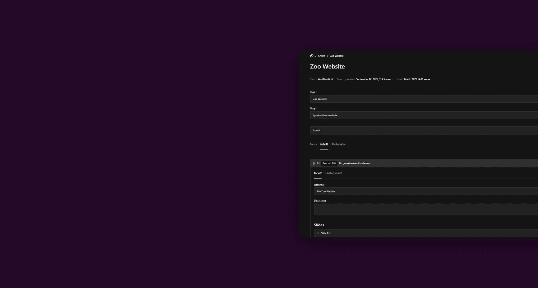 Payload-Admin der Zoo-Website: Seiteneditor mit Blöcken, dunkle Oberfläche