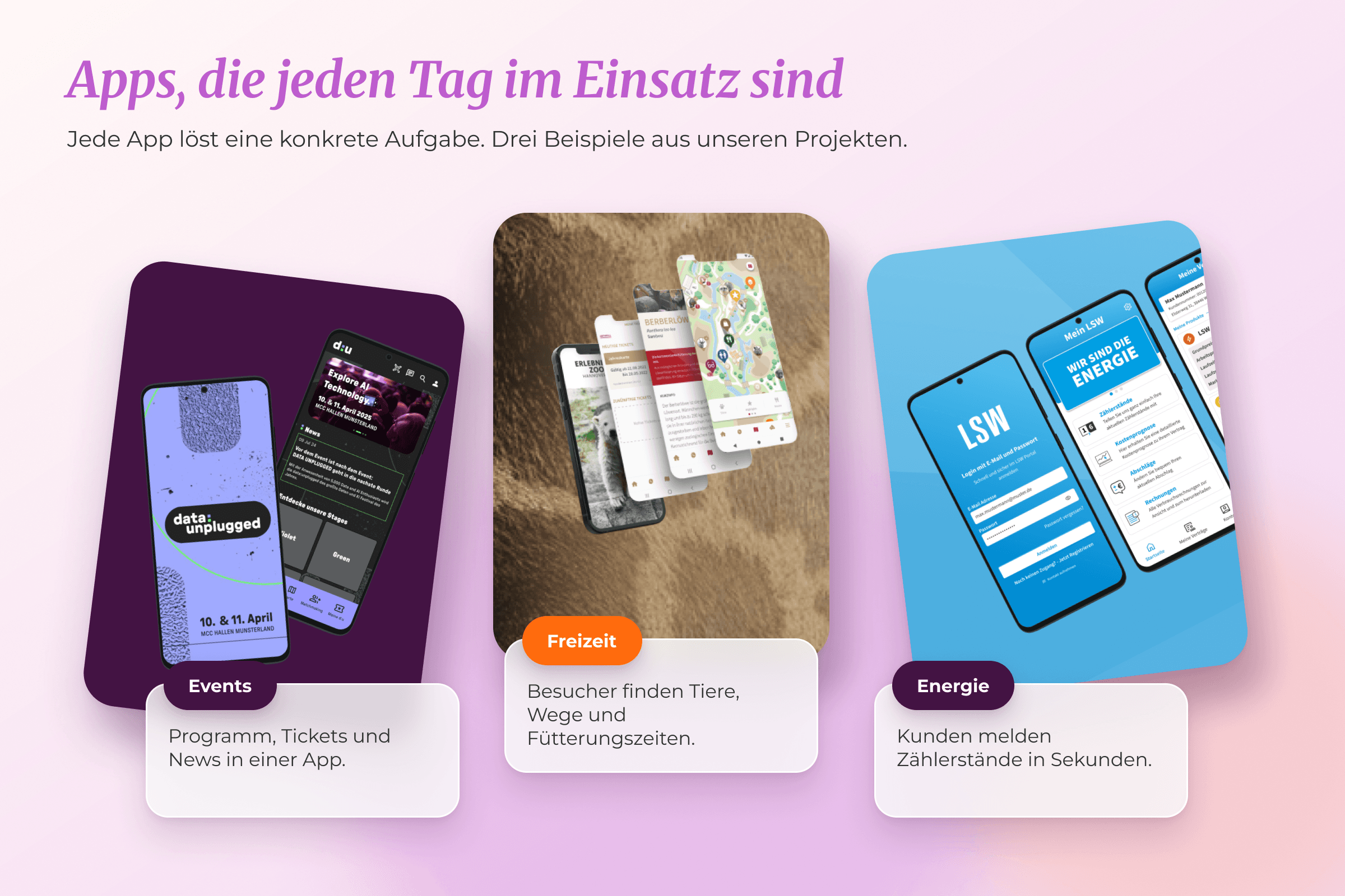 Grafik: Apps, die jeden Tag im Einsatz sind. Events mit Programm, Tickets und News, Freizeit mit Wegen und Fütterungszeiten im Zoo, Energie mit Zählerstandsmeldung in Sekunden