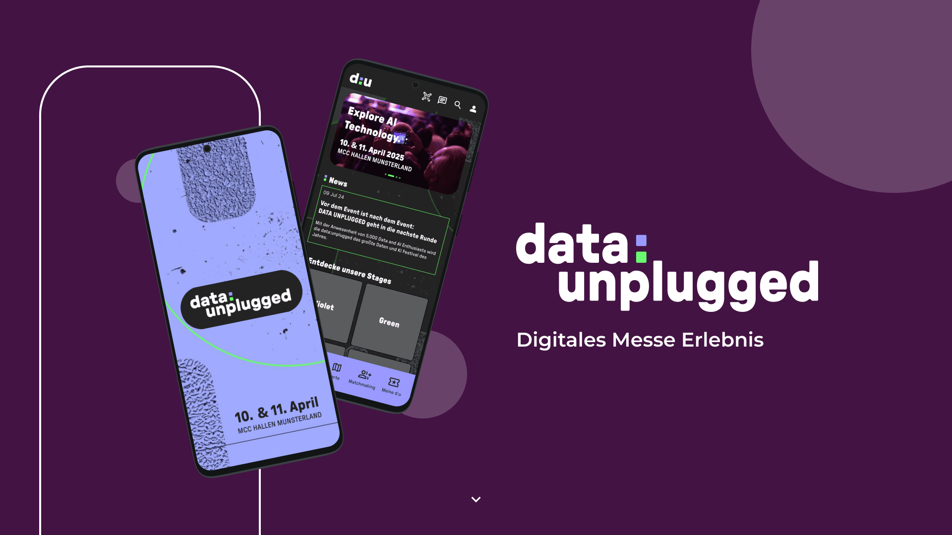 Die data:unplugged Messe-App auf zwei Smartphones