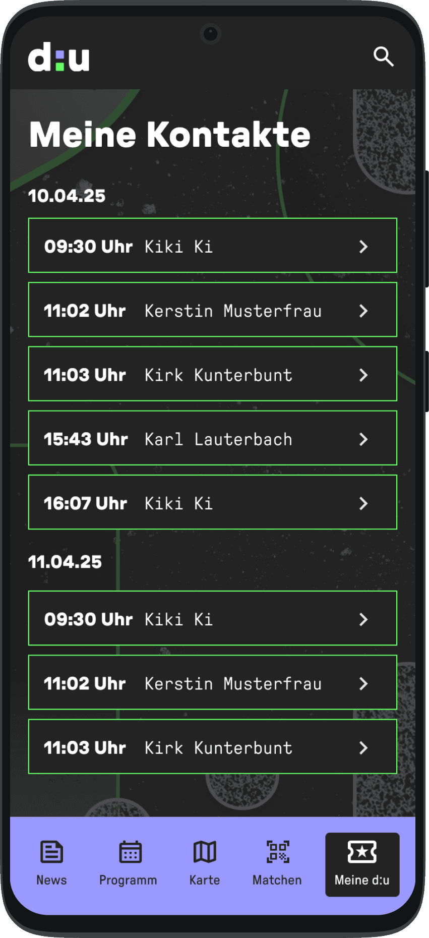 Gespeicherte Kontakte in der data:unplugged App