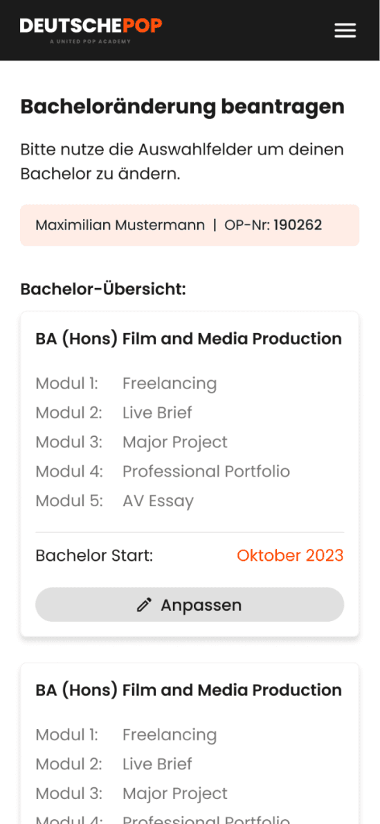 Bacheloränderung beantragen