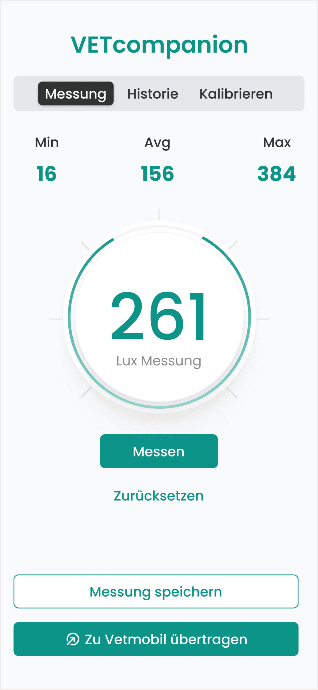 Lux Messung in der VETCompanion App