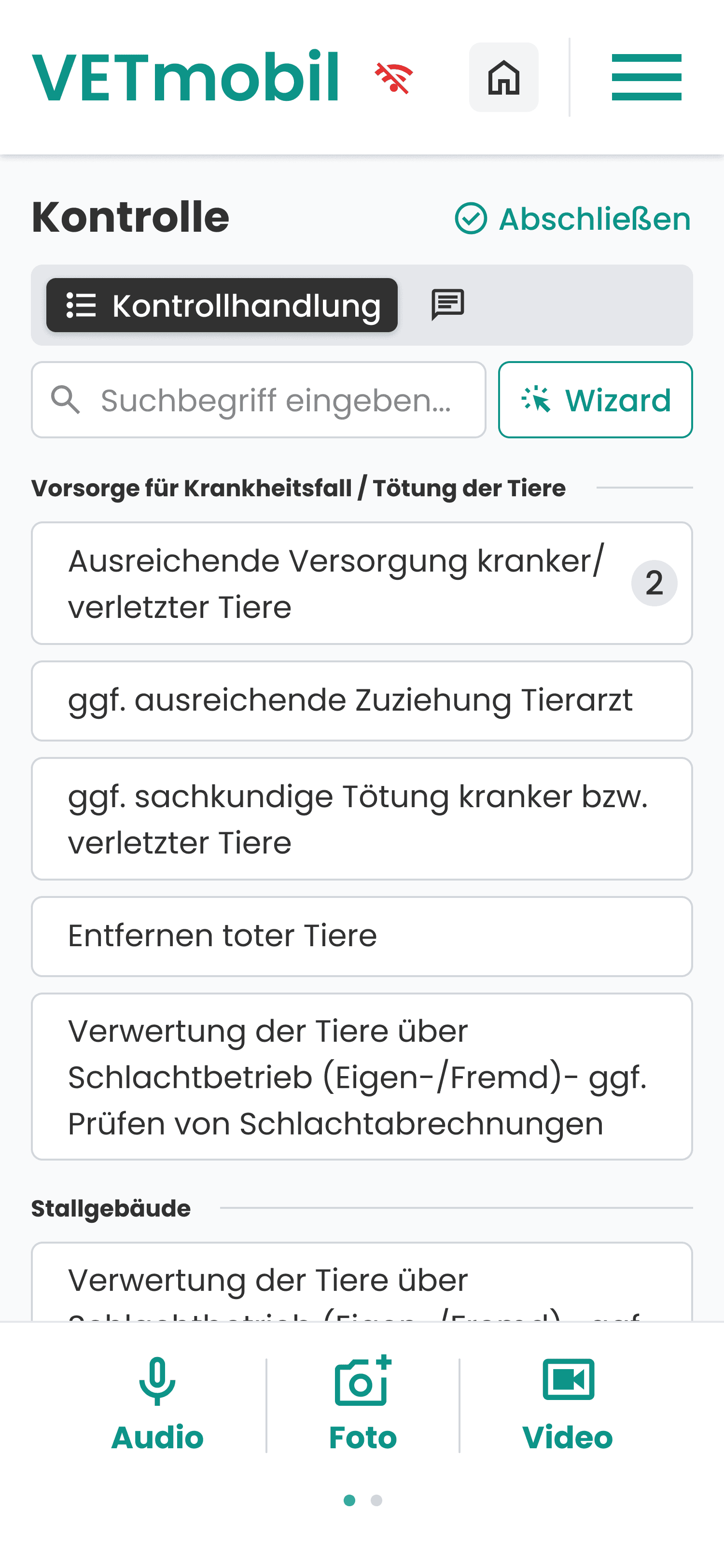 Ansicht einer Kontrolle in der VETMobil App