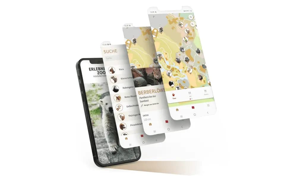 Ansichten der Zoo-App, übereinander geschichtet